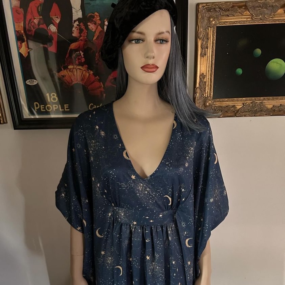 Unique Vintage Navy & Golden Galaxy Burton Caftan Dress - One Size